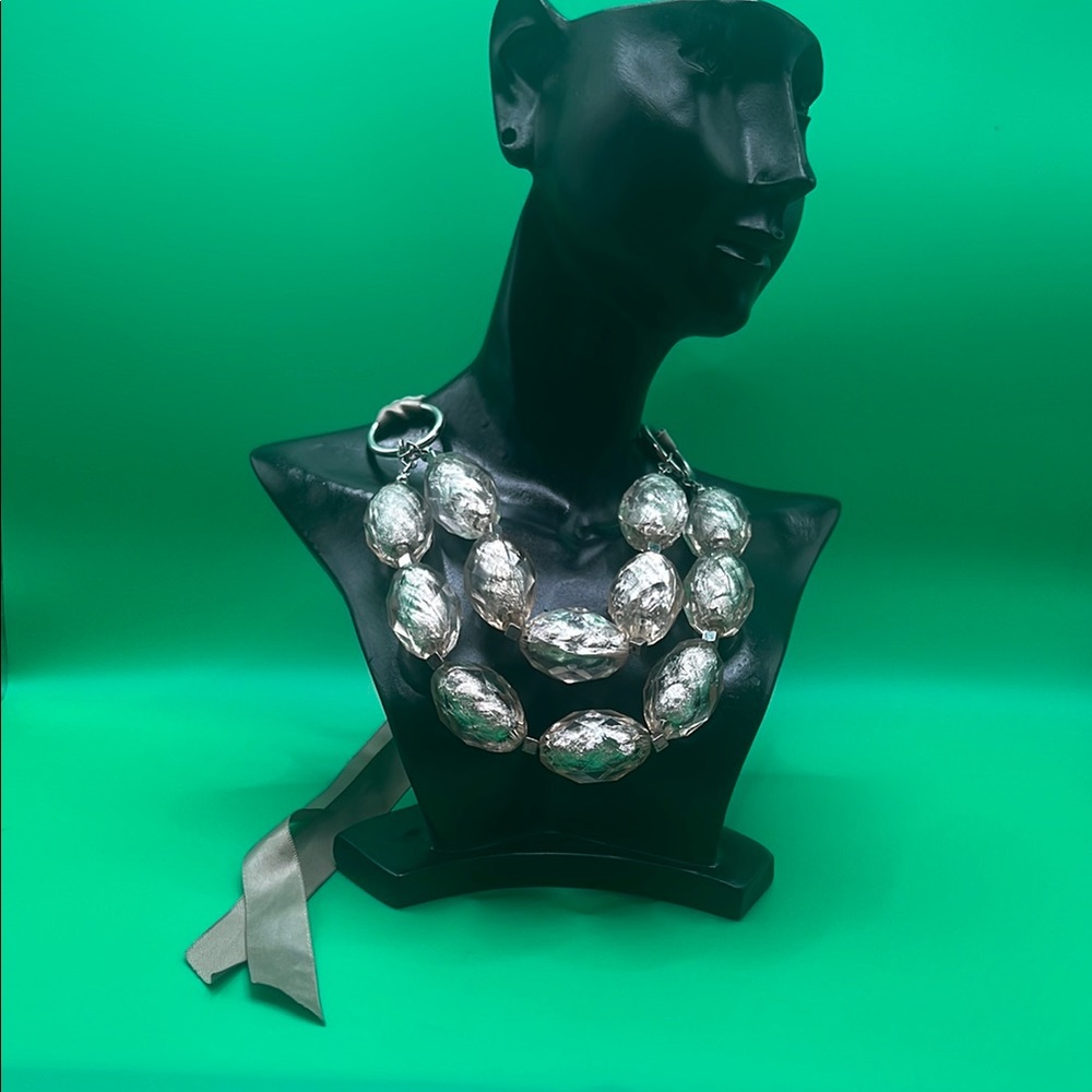 Elegant Silver Bead and Ribbon Necklace